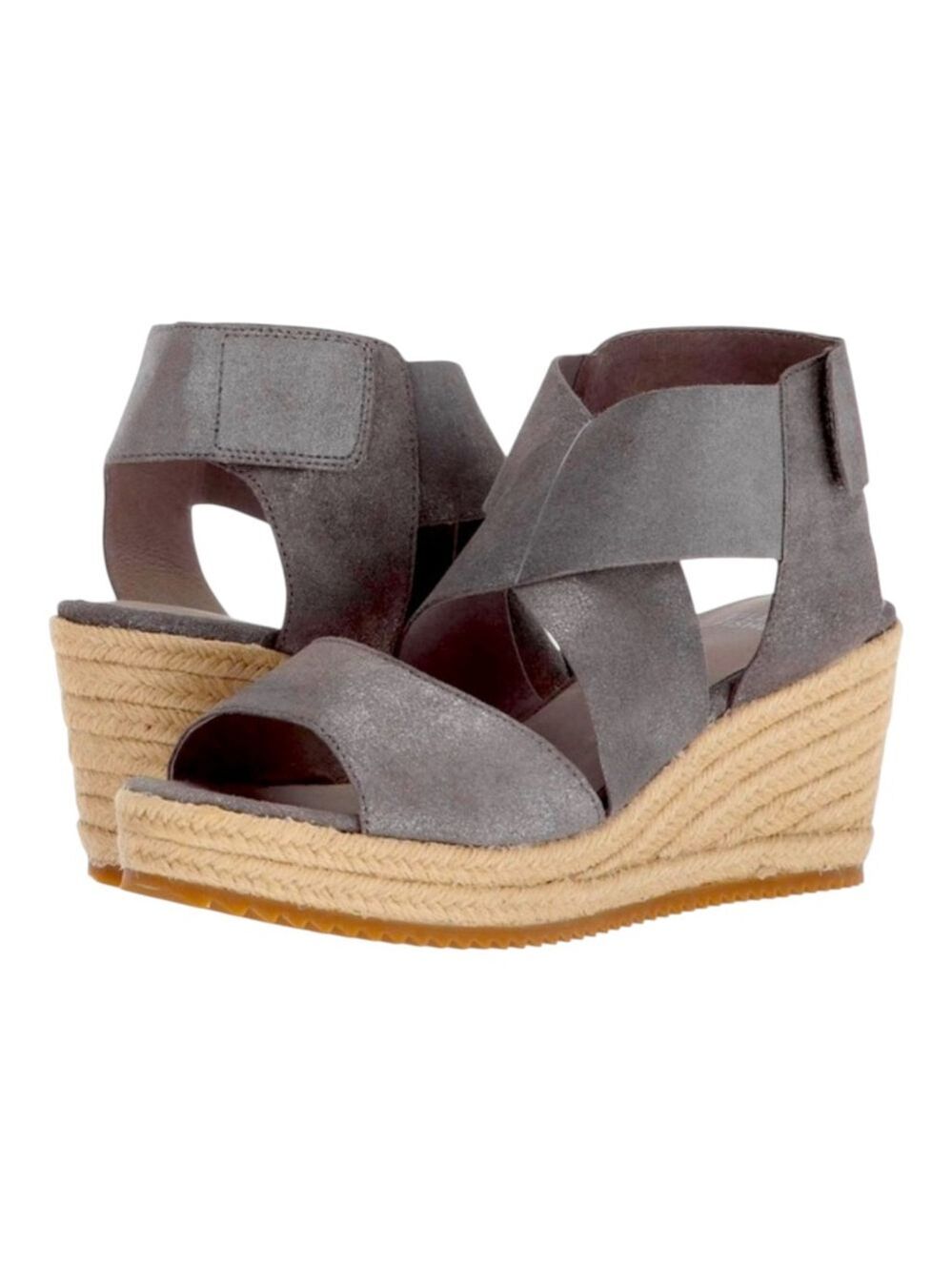 Eileen Fisher Willow Pewter Suede Espadrille Wedge Sandals, Size 6